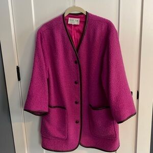 Vtg Oscar De La Renta Coat Mohair Wool Blend Leather Trim